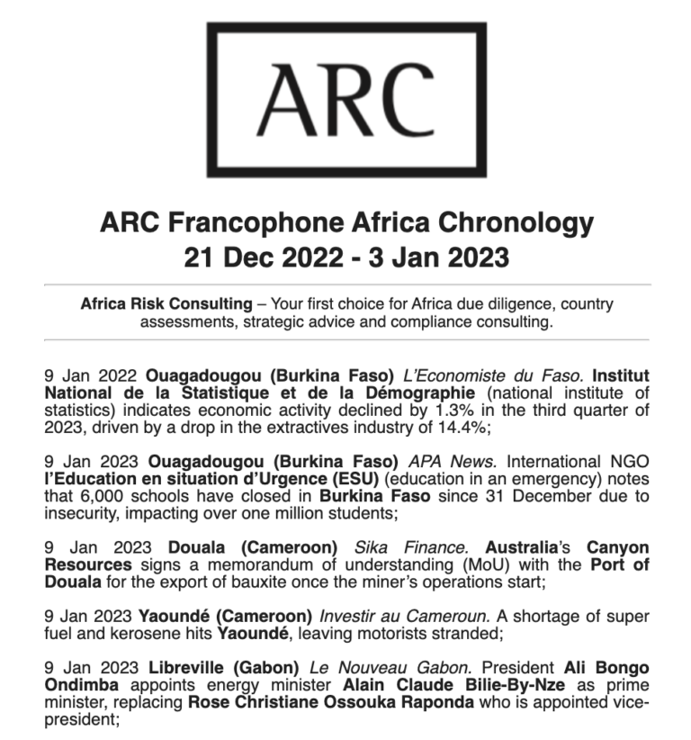 ARC Francophone Africa Chronology 21 Dec 2022 - 3 Jan 2023